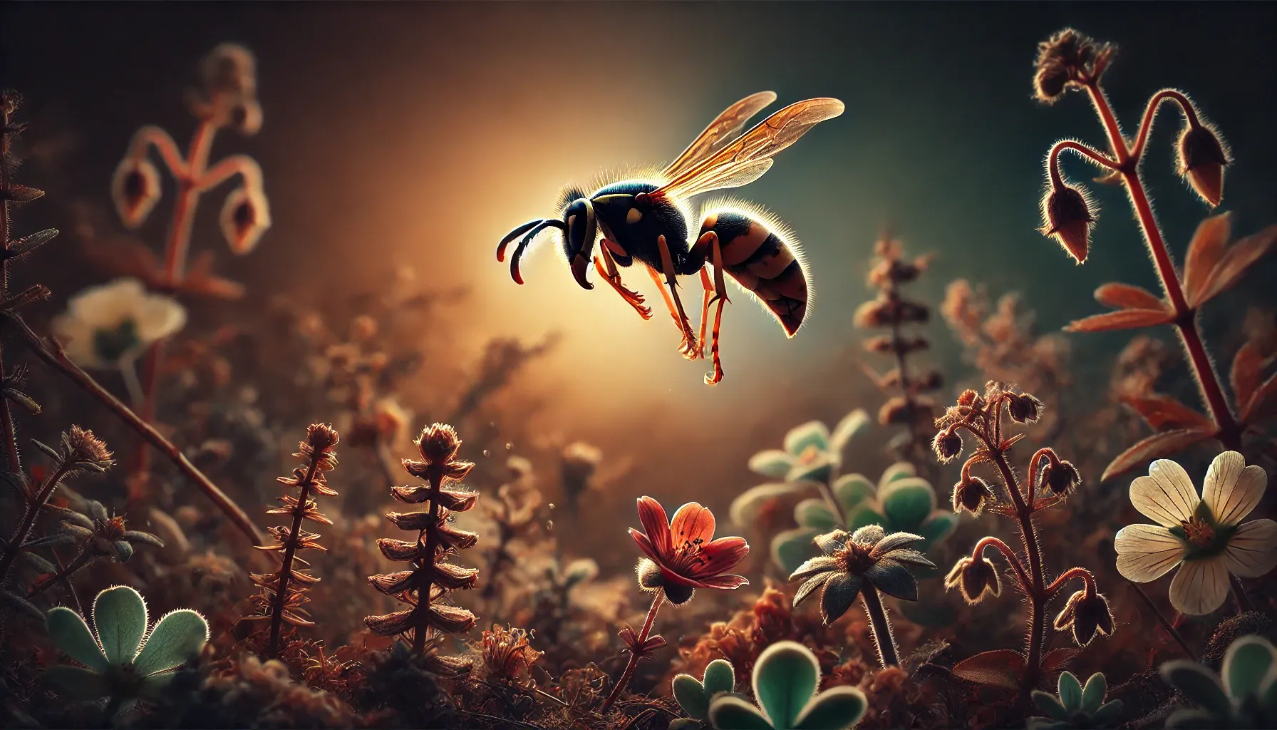 DALL·E 2024 08 14 16.47.22 A Dramatic Close Up Of A Wasp In Mid Flight Poised To Sting. The Background Is A Blurred Natural Environment Now With Added Elements Like Flowers An